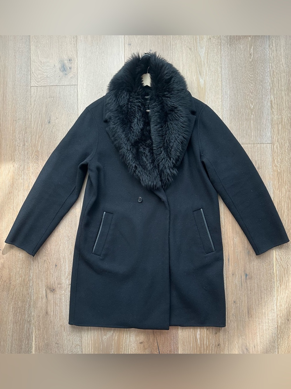 MACKAGE Black Wool Cashmere Blend Coat with Removable Lamb Fur Collar